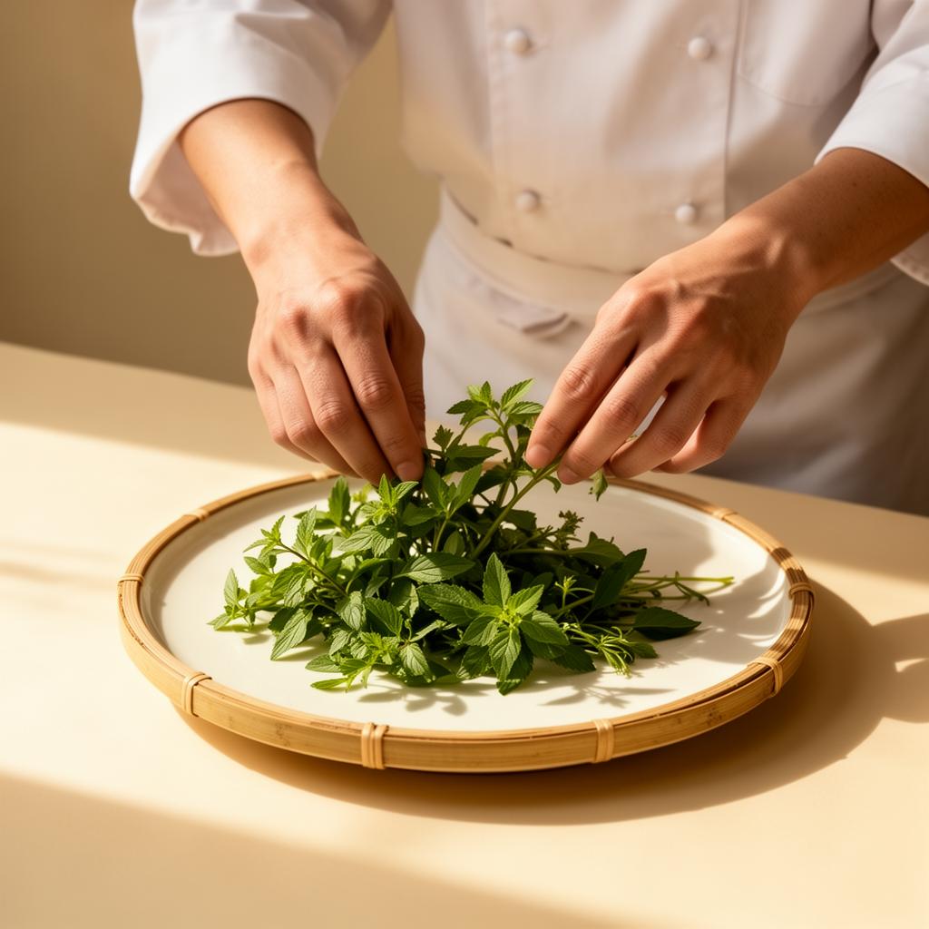 Chef arranging fresh Vietnamese herbs